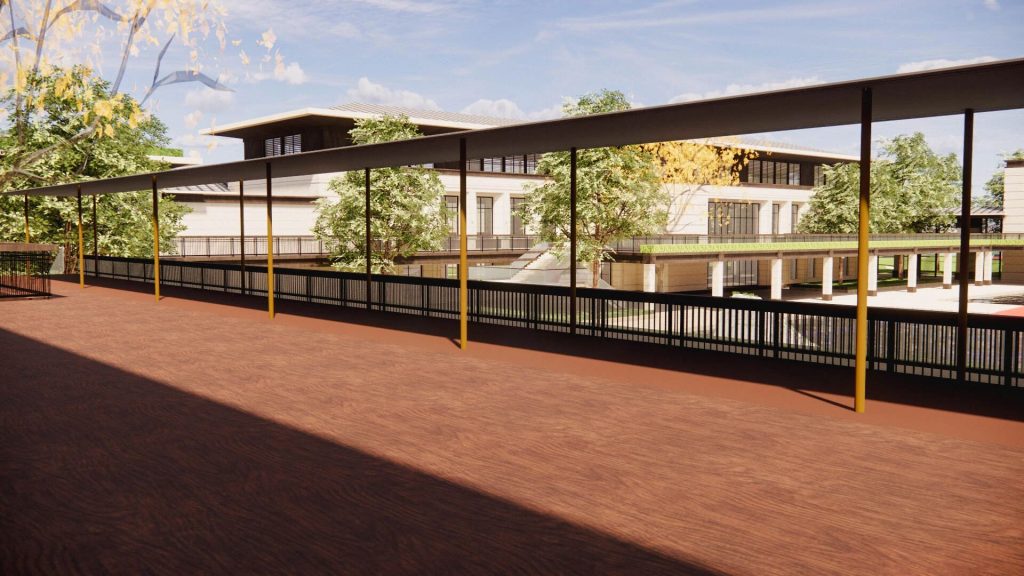 应用场景示意：超薄风雨连廊串联建筑物，不怕日晒雨淋