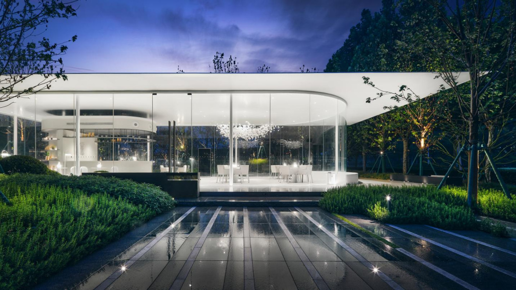 超薄屋面结构让建筑创作自由?5大应用形式展示!插图1 项目案例:北龙湖售楼处。屋顶厚度100mm,边缘收薄至20mm,立柱仅80mm